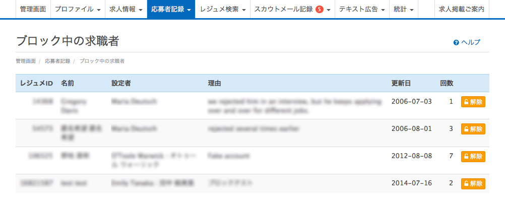 ブロックされた求職者